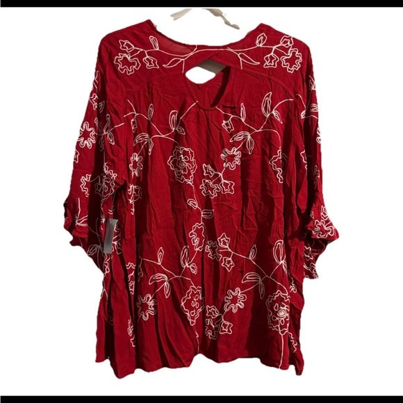 Catherines Red with White Floral Embroidery V-Neck Blouse - Picture 3 of 10